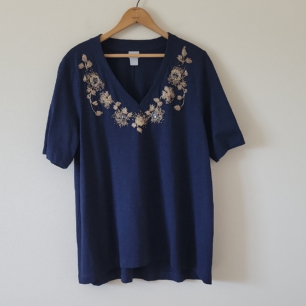 Chico's Navy Slub Knit Beaded Vneck Tee Size XL